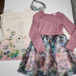 H&M Whooli Chen Girls Bunny Sweatshirt Headband & Dress Matching Outfit 6x/7 NEW